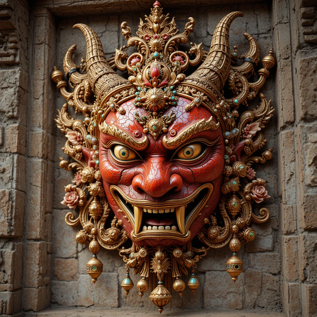 Luxurious red demon mask with gold kintsugi on temple wall