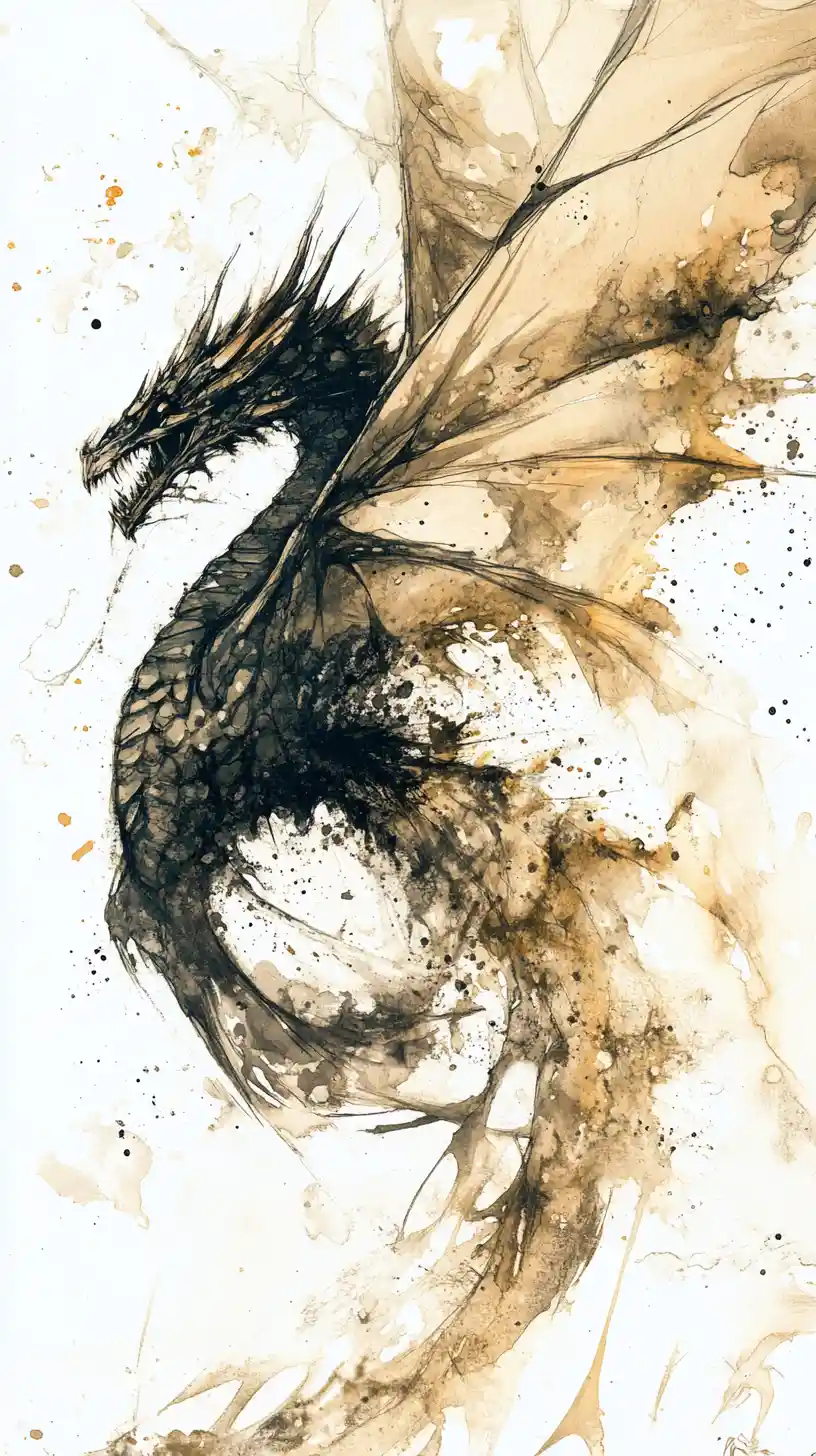 Watercolor dragon dissolving into abstract ink splashes
