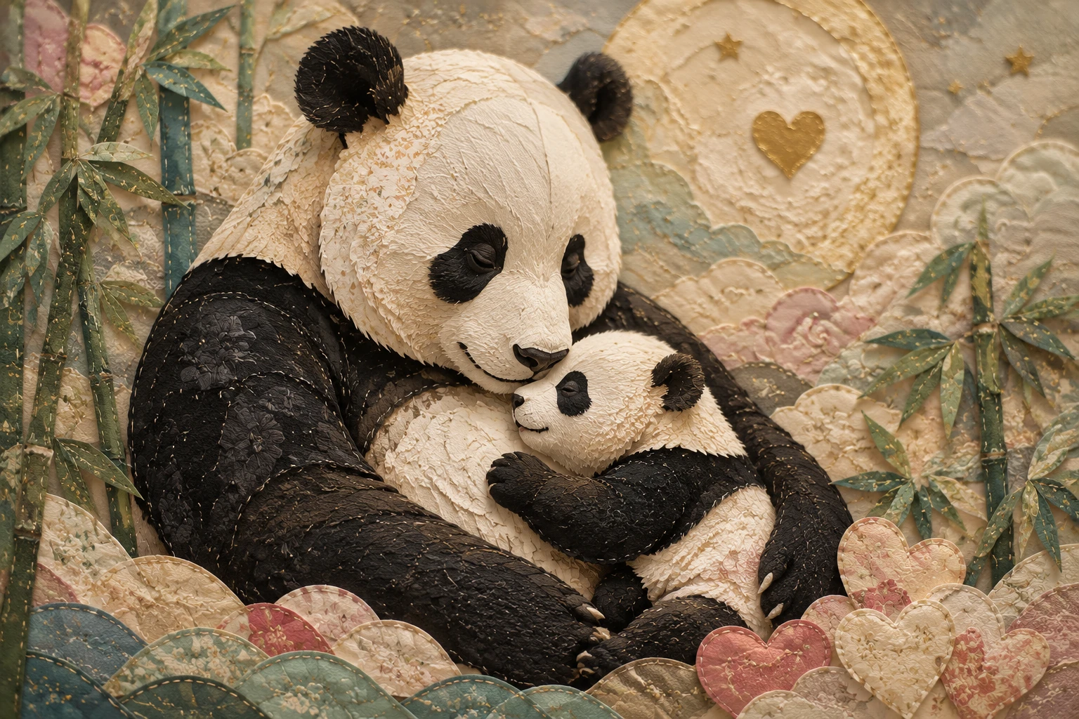 Tender paper collage of baby panda cuddling its mother
