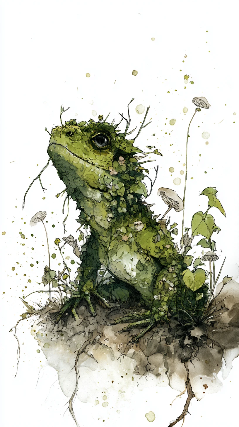 Small mossy dragon camouflaged on a quiet forest floor