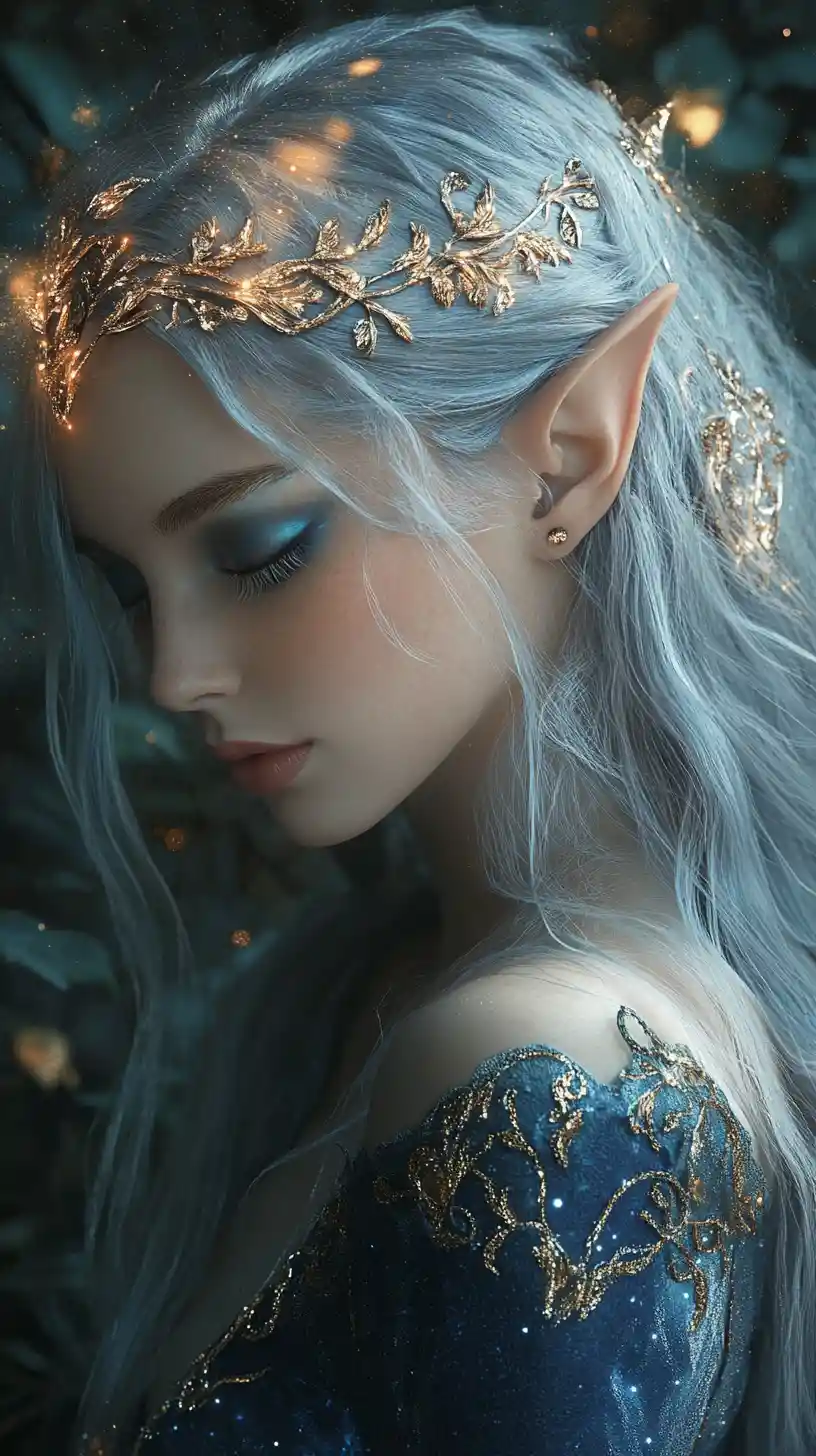 Serene Elf Woman In Golden Lighted Enchanted Forest