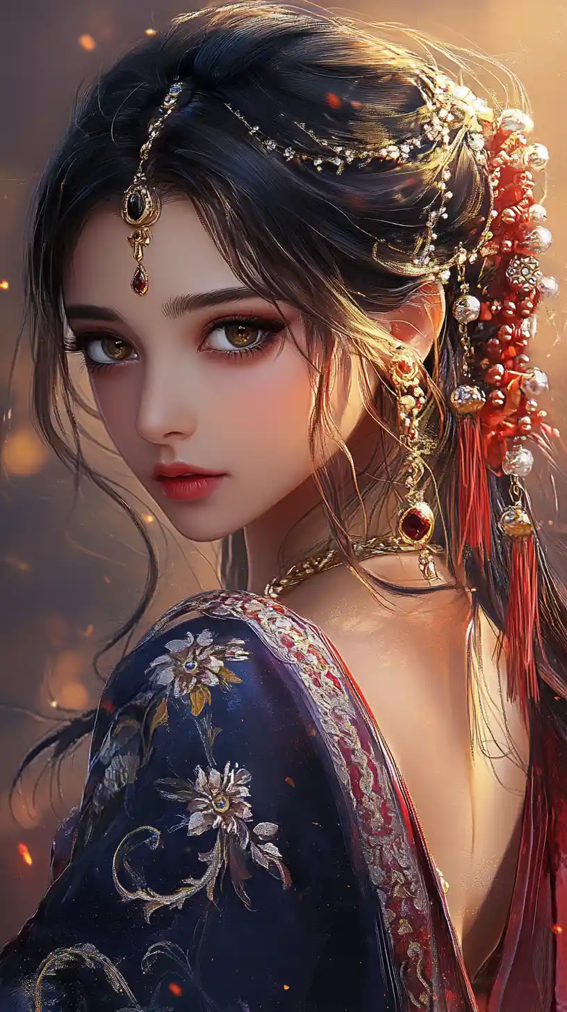 Elegant anime woman in ornate red and gold attire
