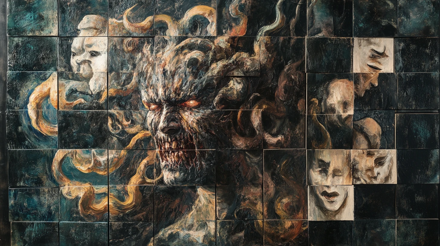 Surreal creature consuming fragmented faces in abstract panels