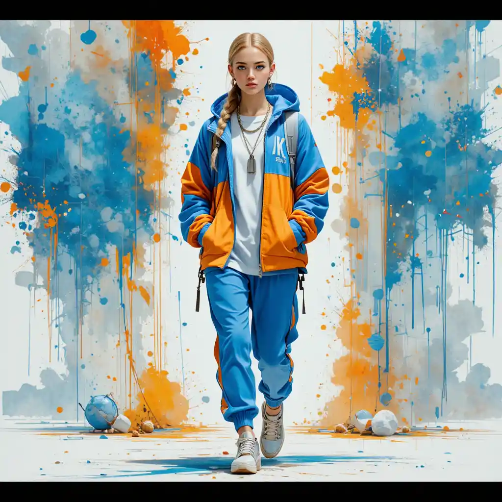 Stylish young woman in bold streetwear walking forward