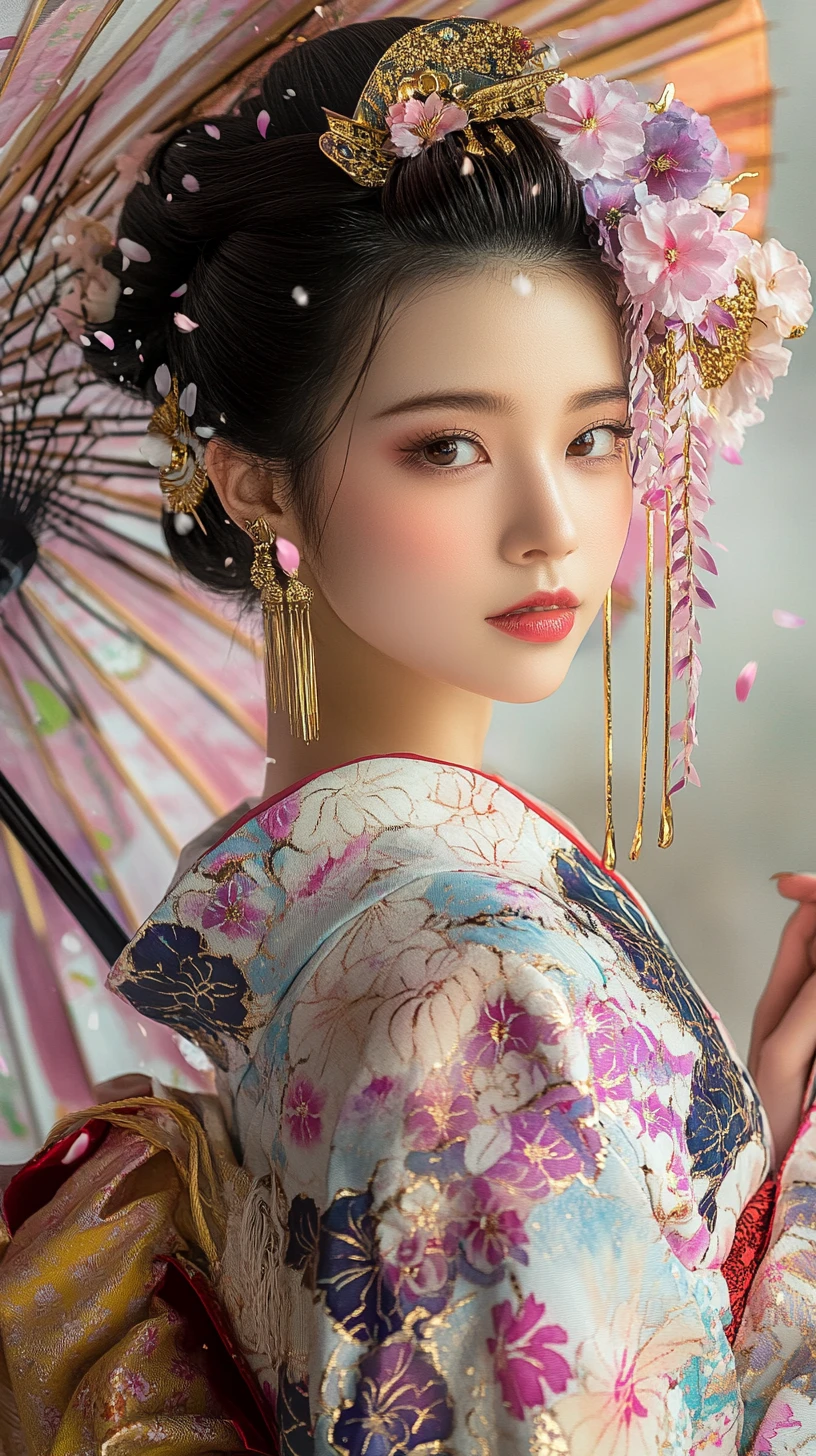 Japanese woman in floral kimono with cherry blossom hairpiece