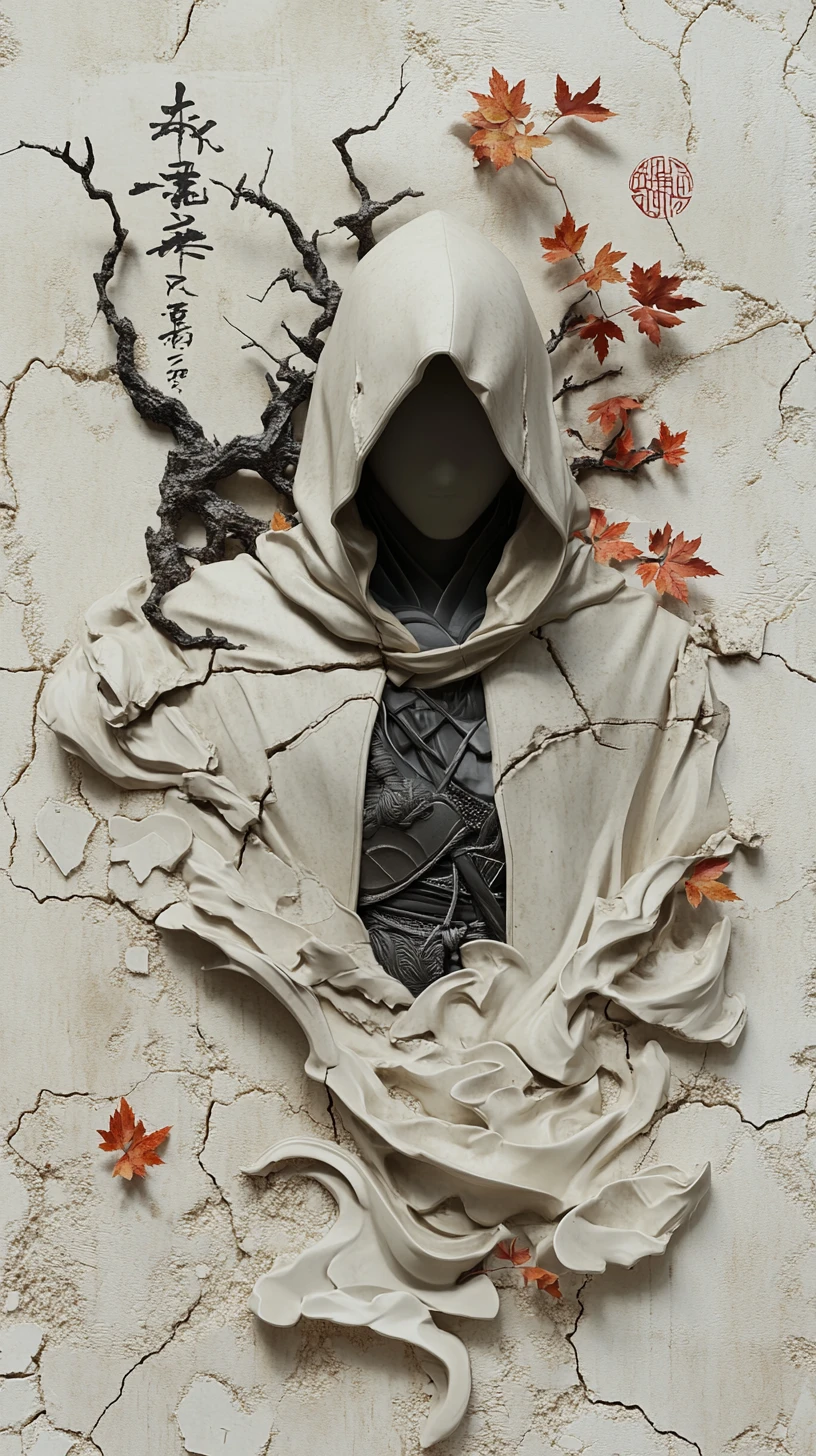 Hooded assassin warrior carved in Japanese bas relief