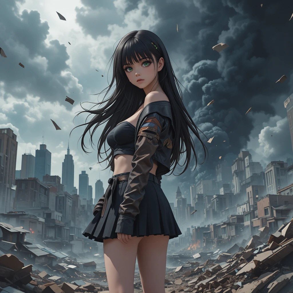 Terrified anime woman in city earthquake destruction scene