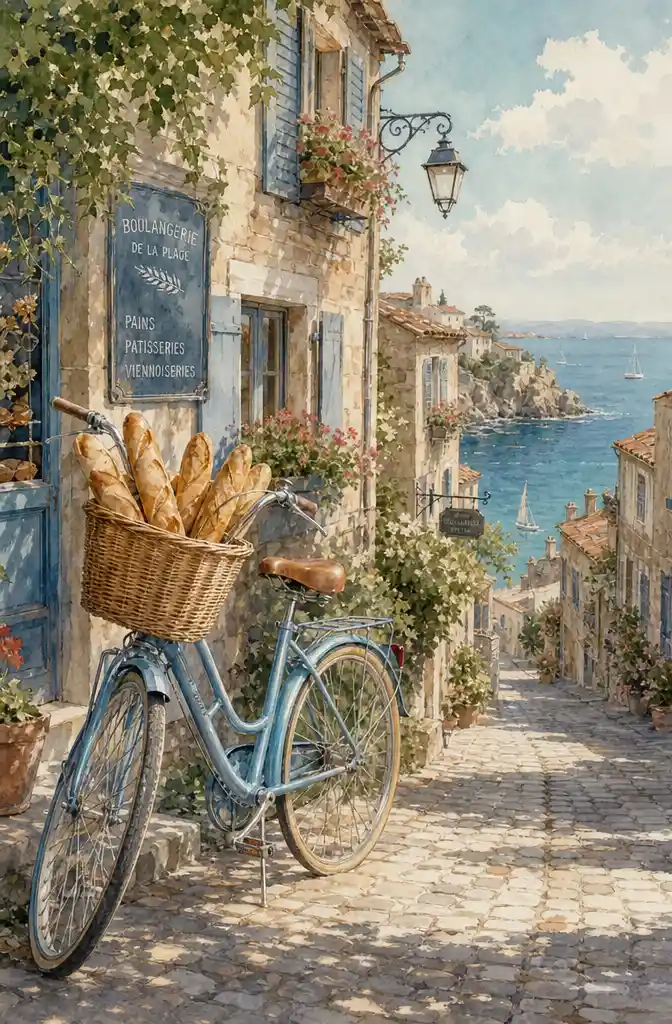 Powder blue bicycle in a serene French seaside village