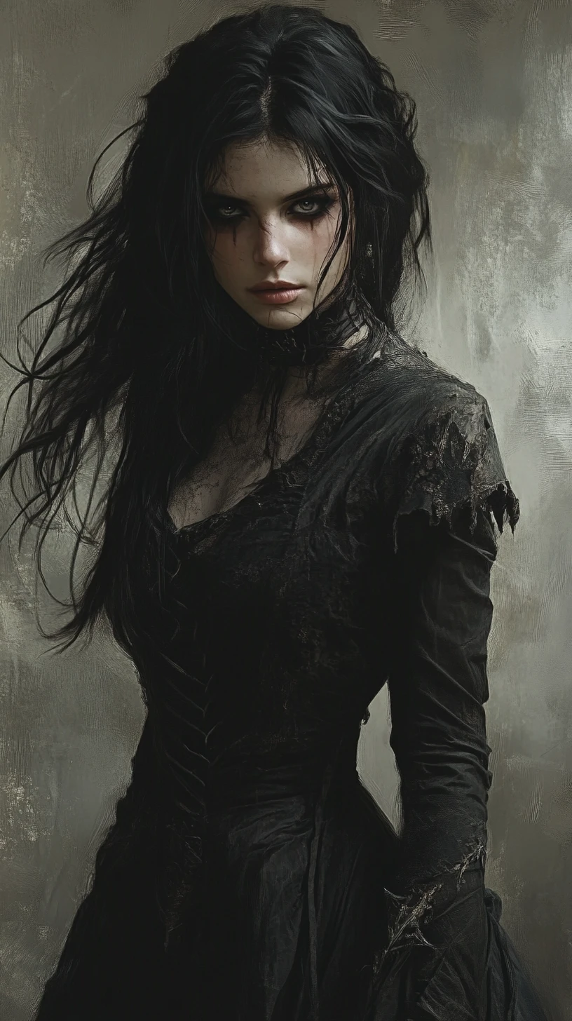 Dark haired sorceress with ashen skin and grey eyes