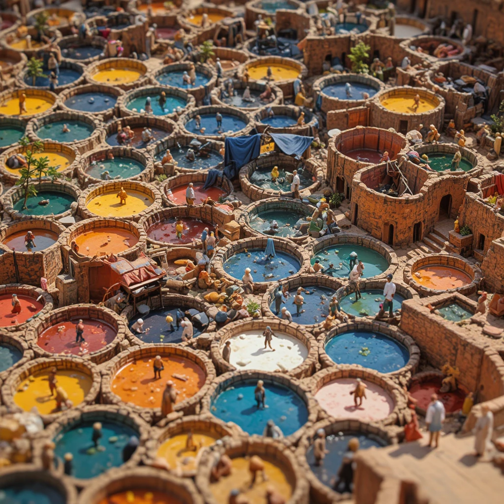 Tilt shift view of colorful Moroccan tannery vats from above