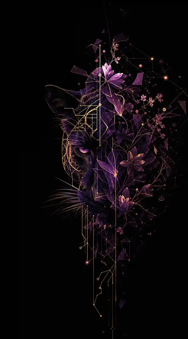 Fragmentierter Panther, der sich in abstrakte neonleuchtende Blumenformen auflöst