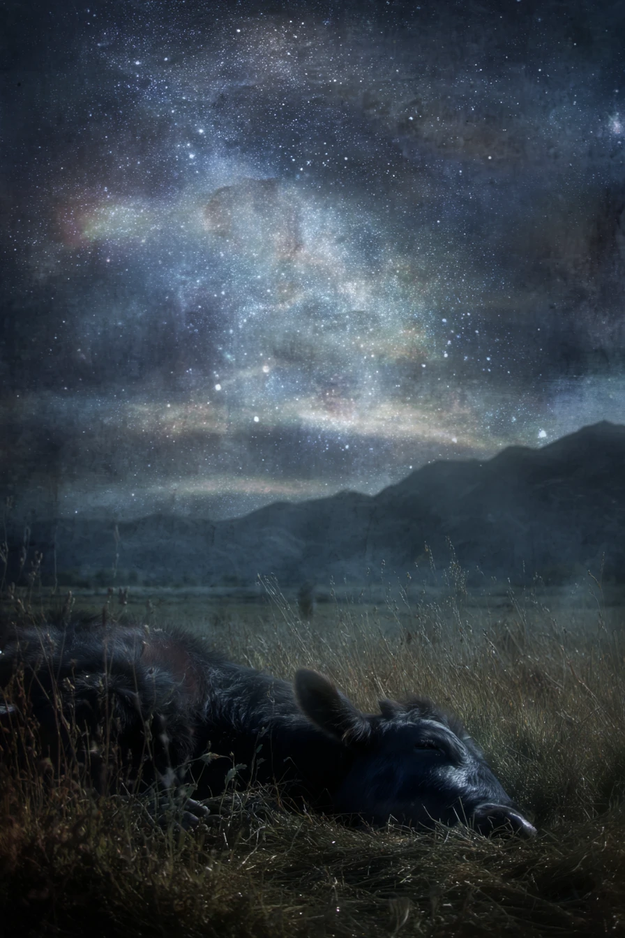 Peaceful night field with cattle under a starry sky