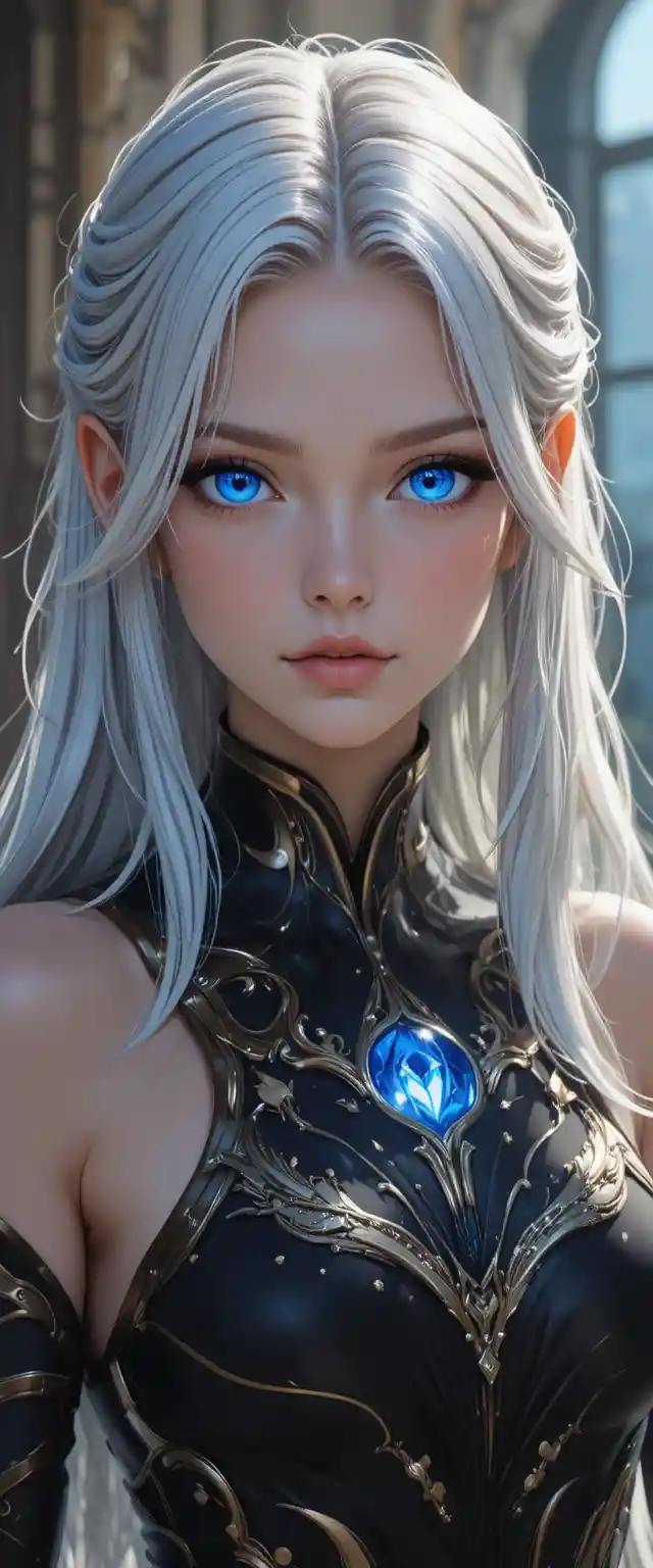 Silver haired anime girl with pale blue glowing eyes