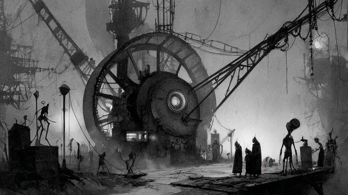 Surreal Industrial Machine At The Center Of A Dark Landscape
