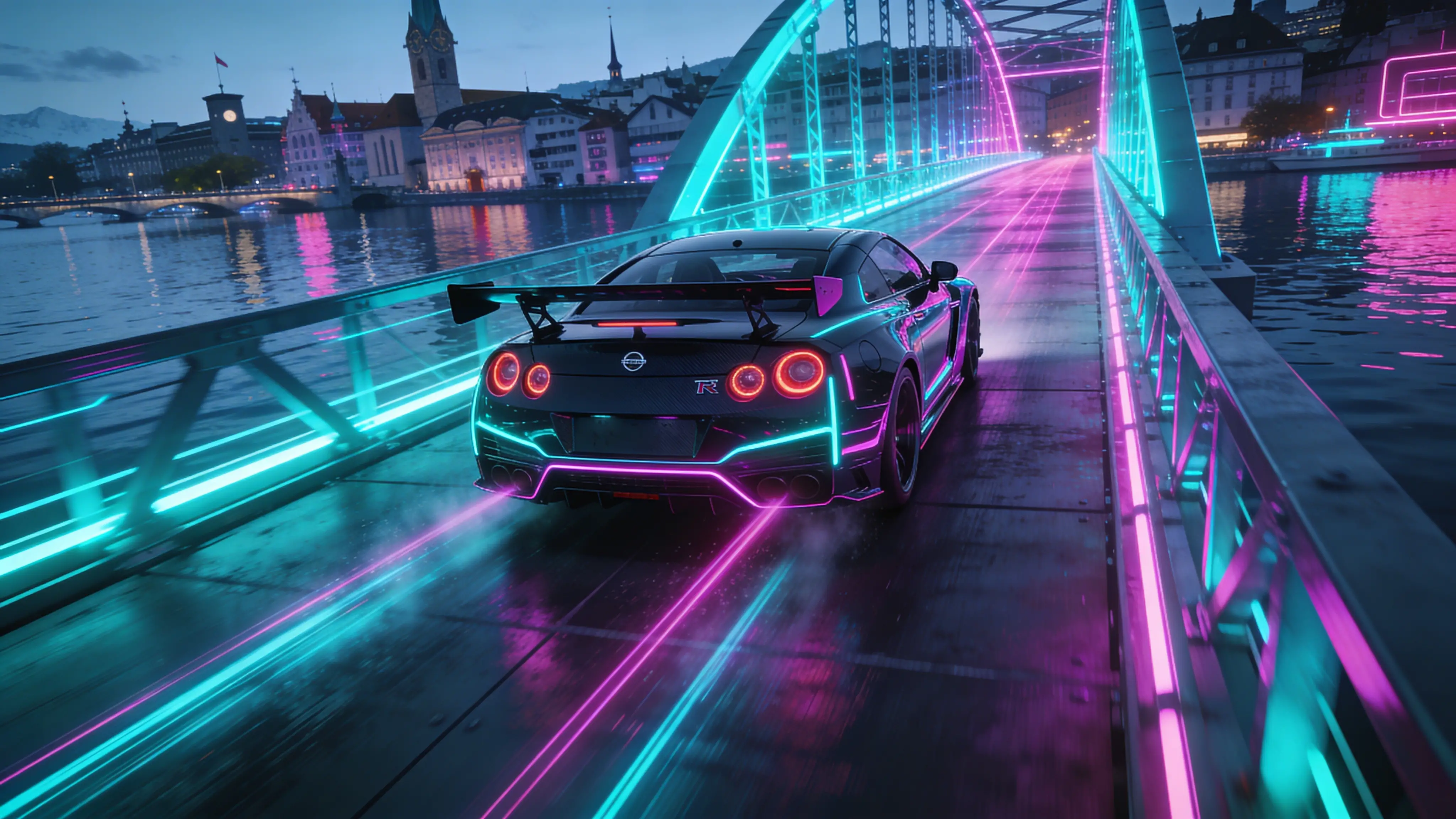 Neon-Sportwagen rast über futuristische Zürcher Brücke