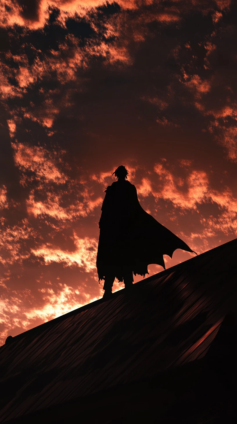 Dark figure on a rooftop at sunset above the city
