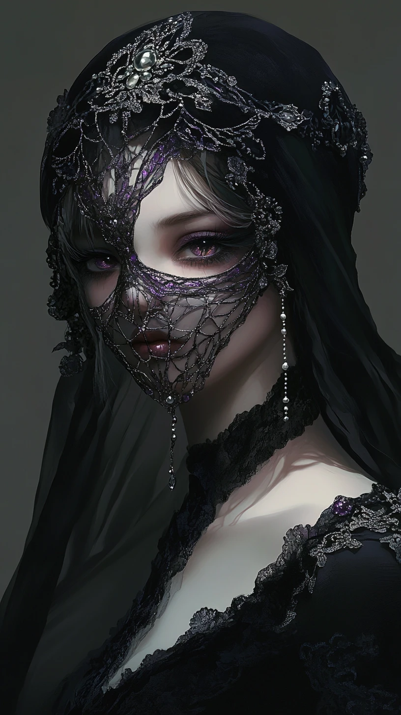 Masked gothic woman in ornate black and silver attire