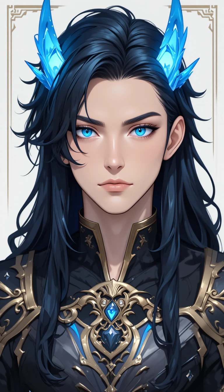 Blue horned fantasy man with glowing eyes in anime style