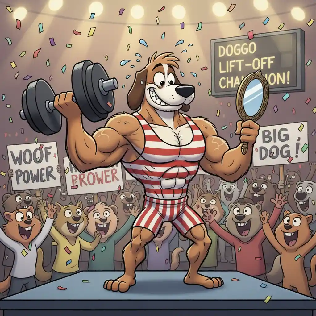 Muscular cartoon dog flexing in a lively weightlifting contest