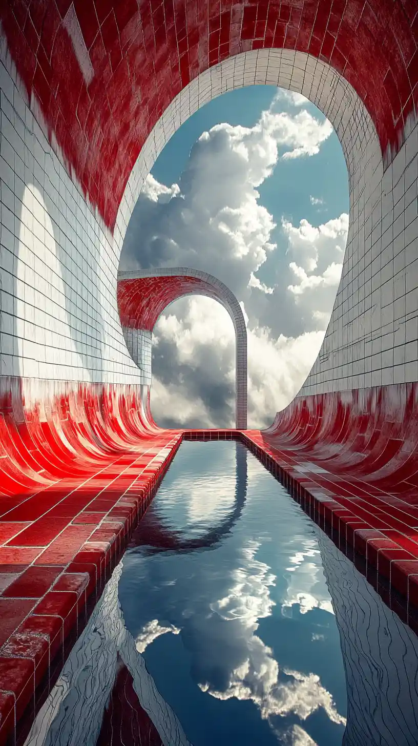 Surreal stairway of rising platforms above distant reflective water