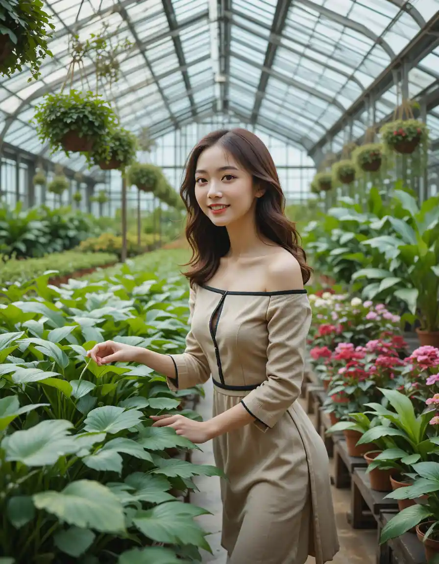 Korean college girl choosing plants in a sunlit greenhouse