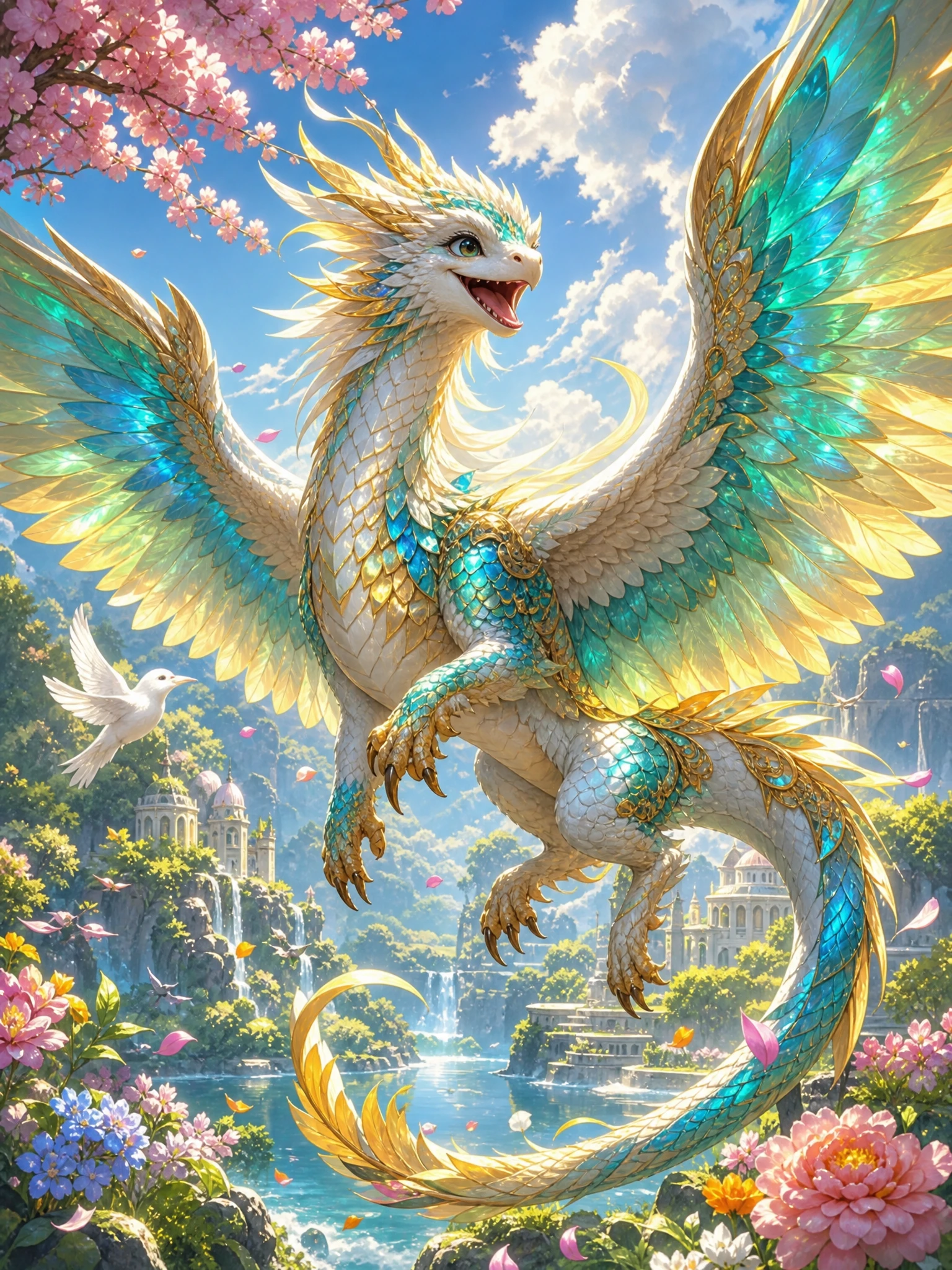 Criatura Etérea de Dragón y Paloma en un Paisaje Fantástico de Primavera