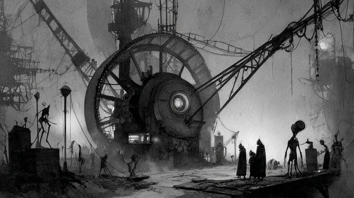 Máquina industrial surreal en el centro de un paisaje oscuro