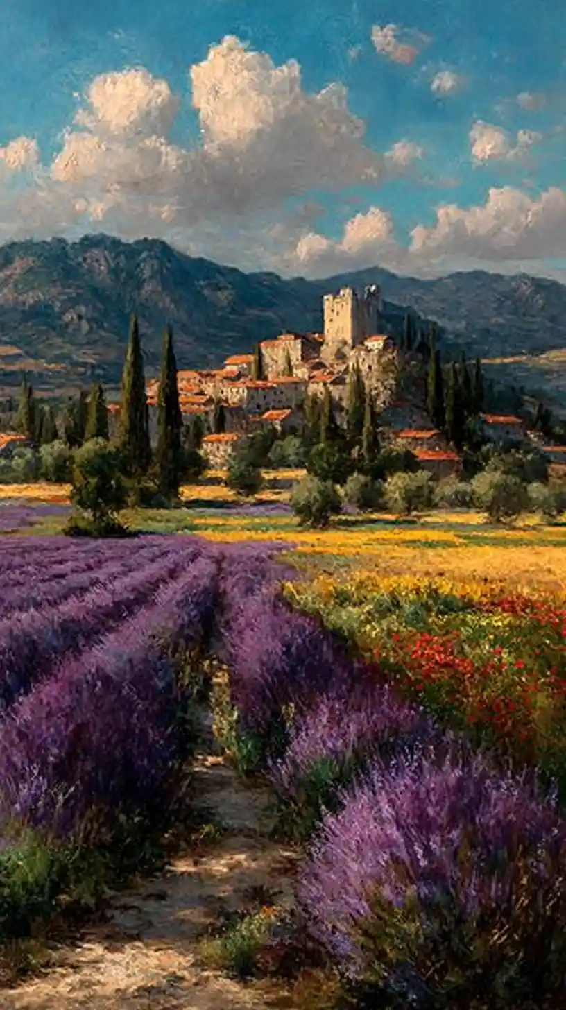 Lavender Fields At Golden Hour In Mediterranean Countryside