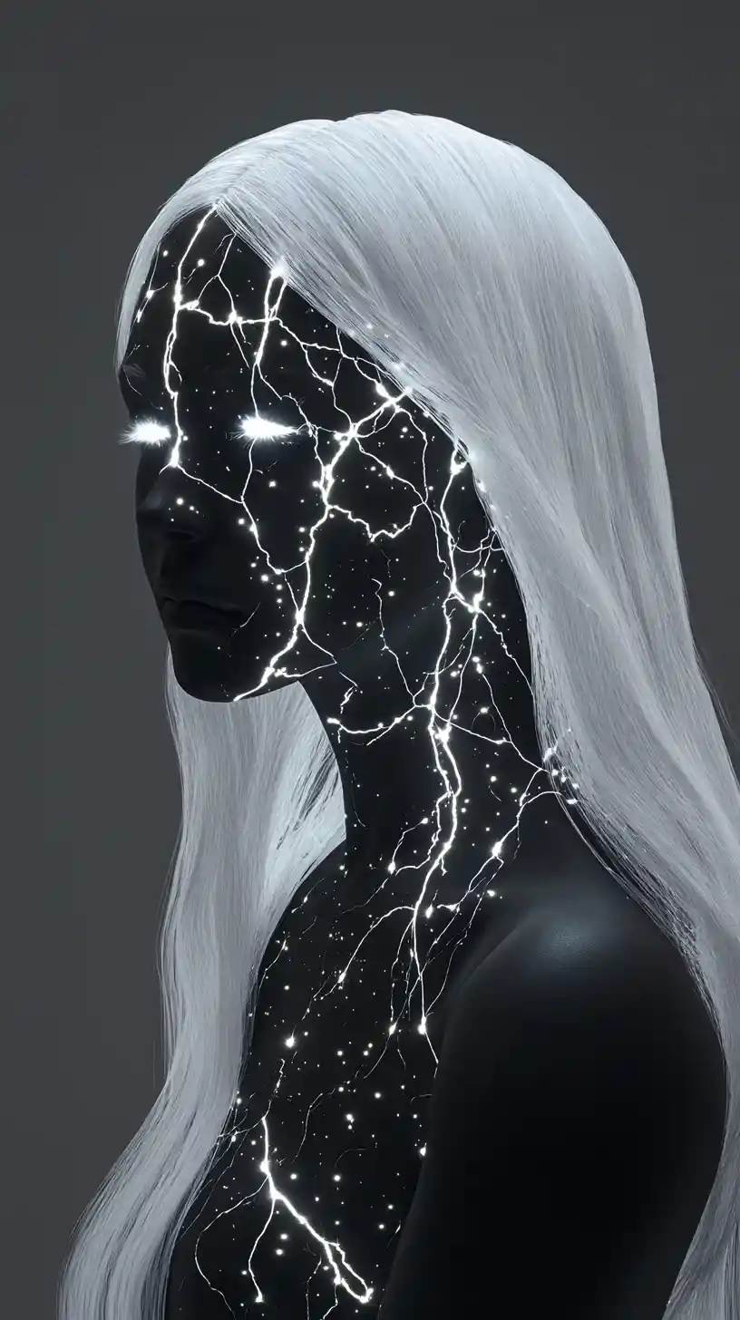 Femme éthérée en obsidienne aux longs cheveux blancs flottants, de profil
