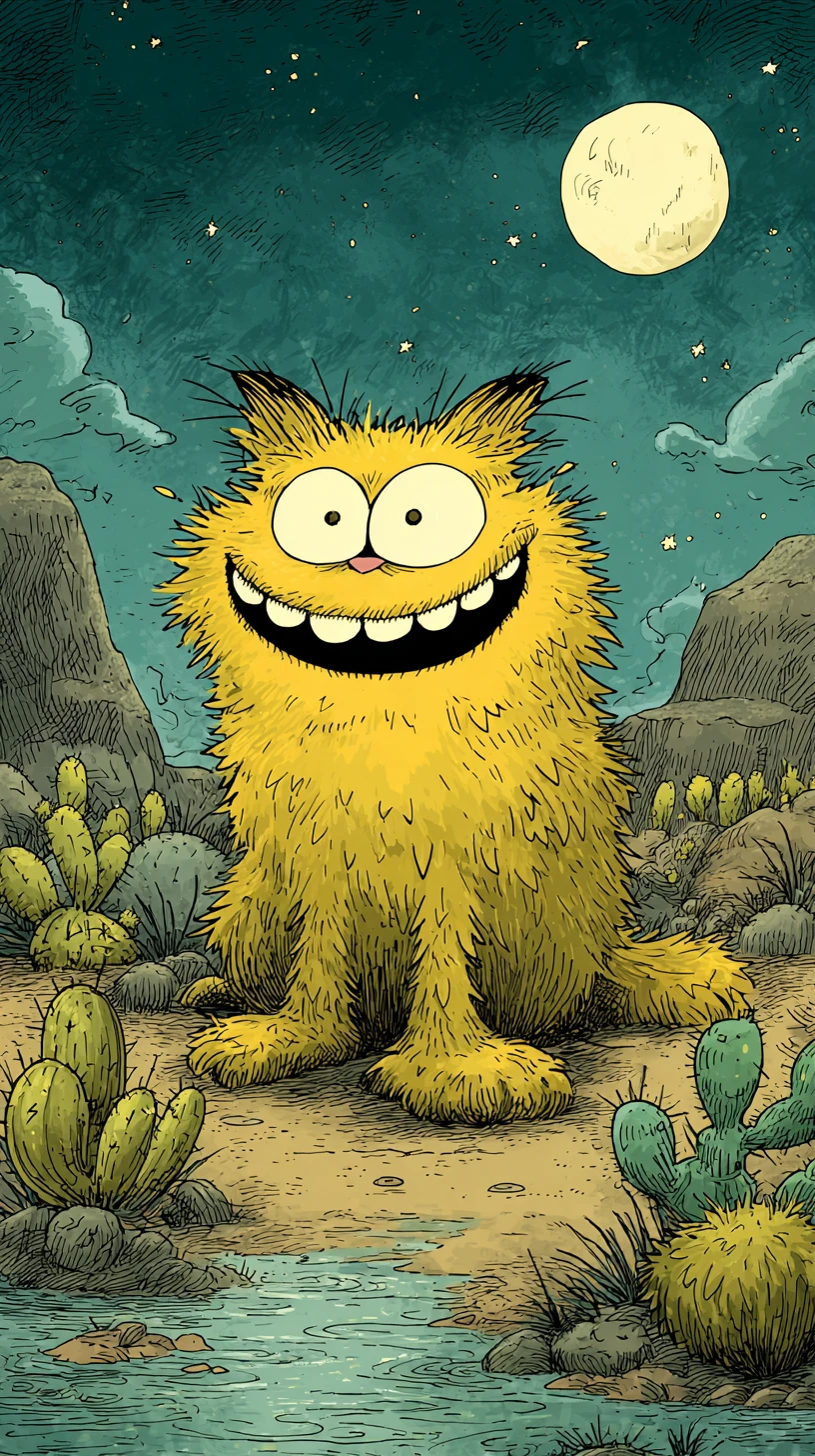 Cheerful Cartoon Cat Smiling In A Desert Moonlit Scene