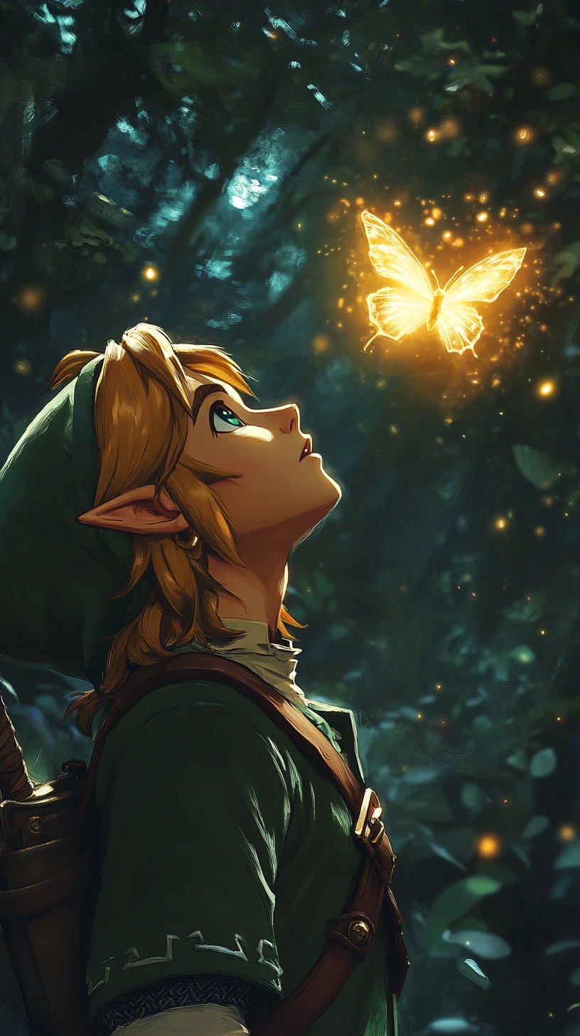 Anime hero gazing at glowing butterfly in dark forest