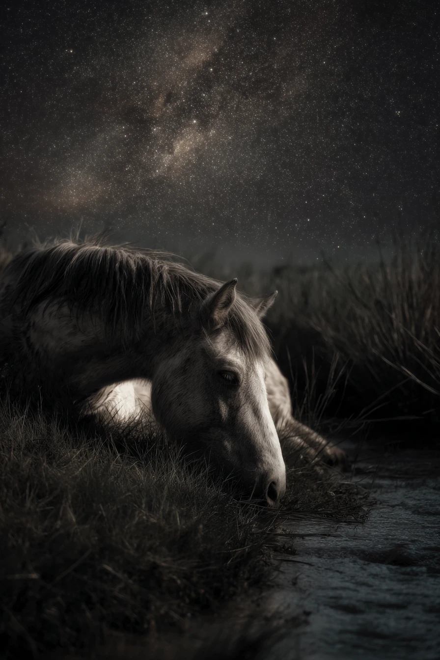 Peaceful night in soft grass beside distant horses