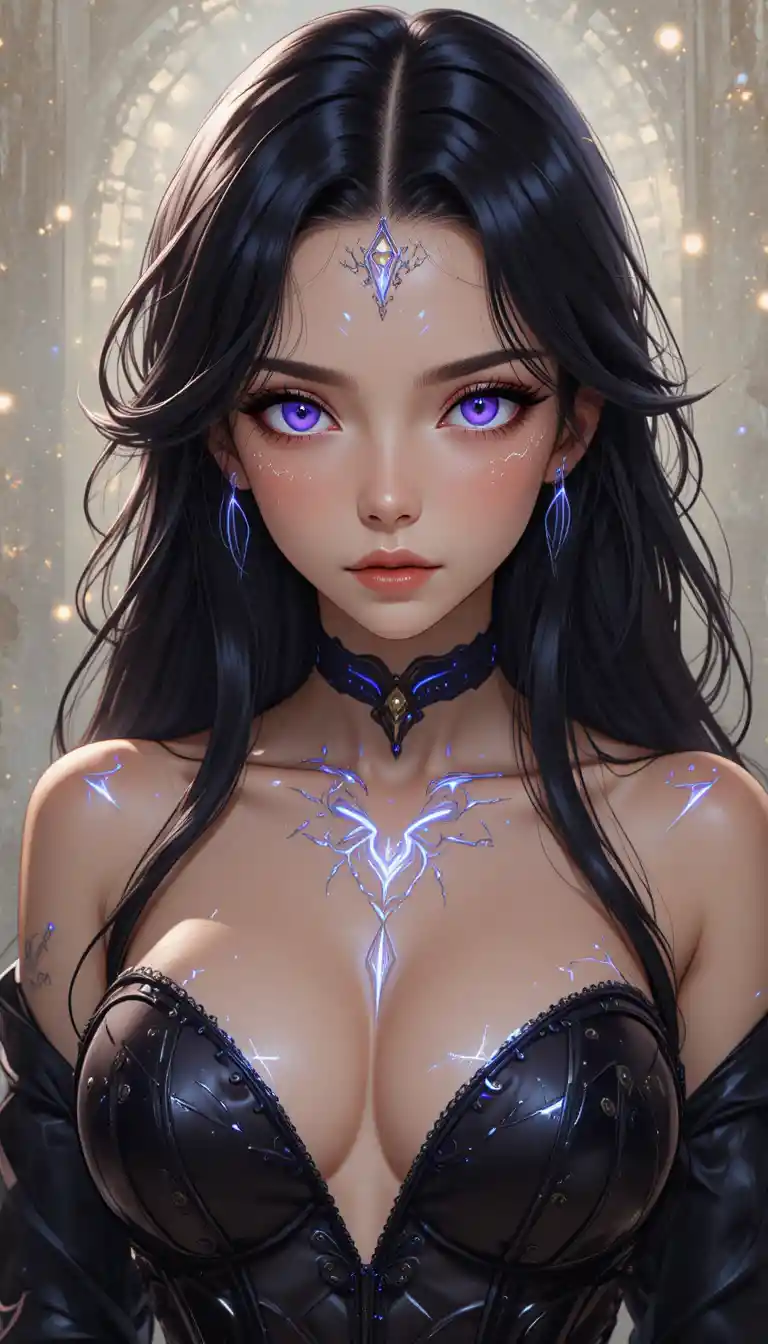 Young fantasy sorceress woman with glowing violet eyes
