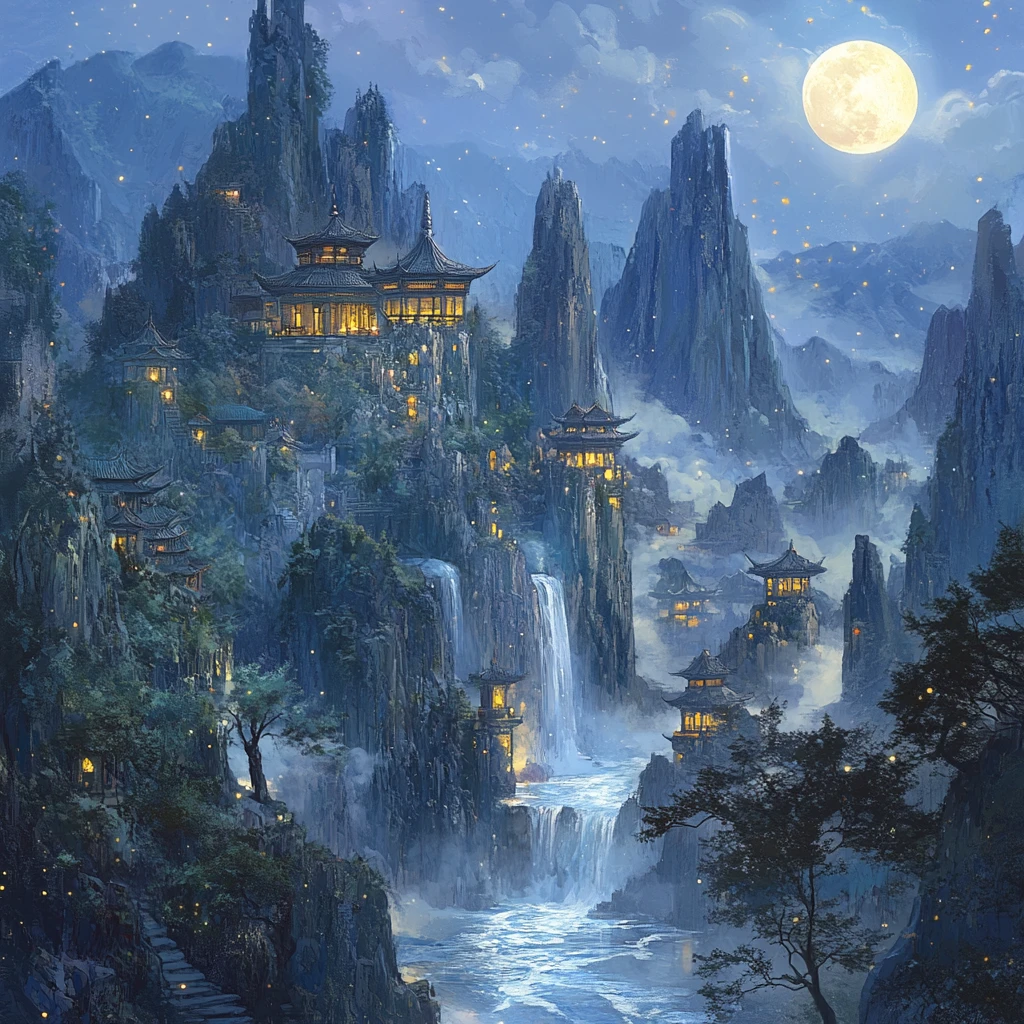 Luminous crystal mountains with temples under radiant moonlight