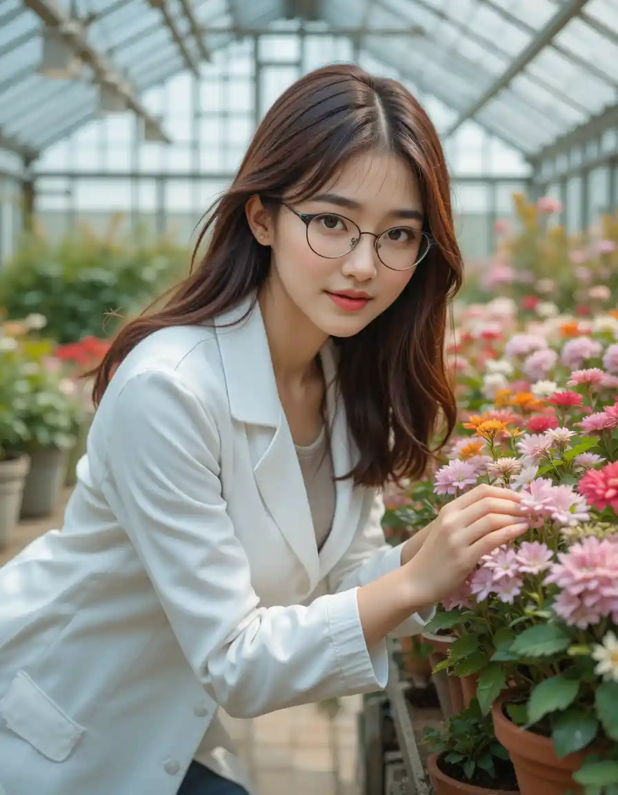 Curious Japanese woman studying flowers in a greenhouse
