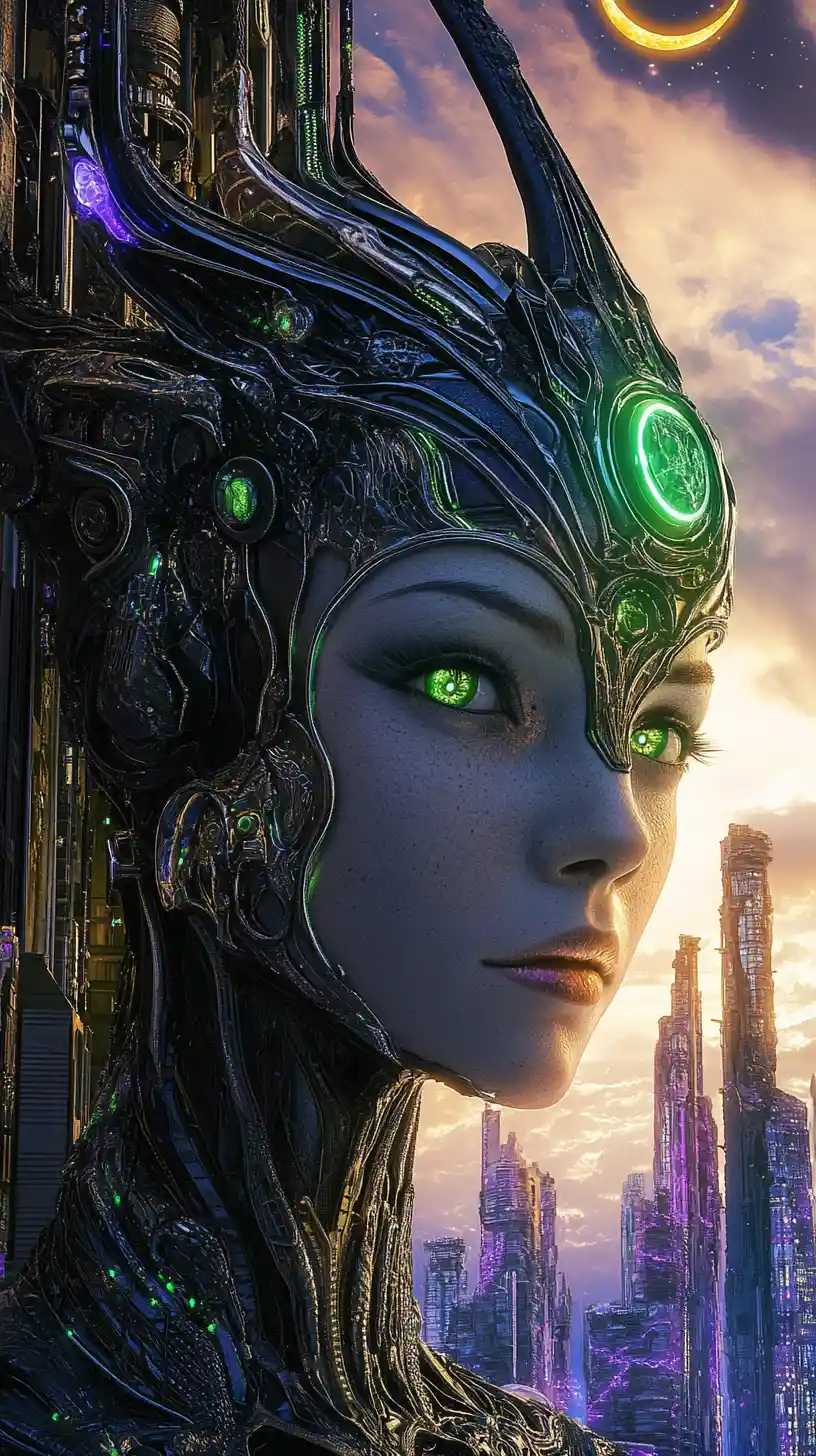 Ethereal Celestial Goddess Before Alien City At Twilight