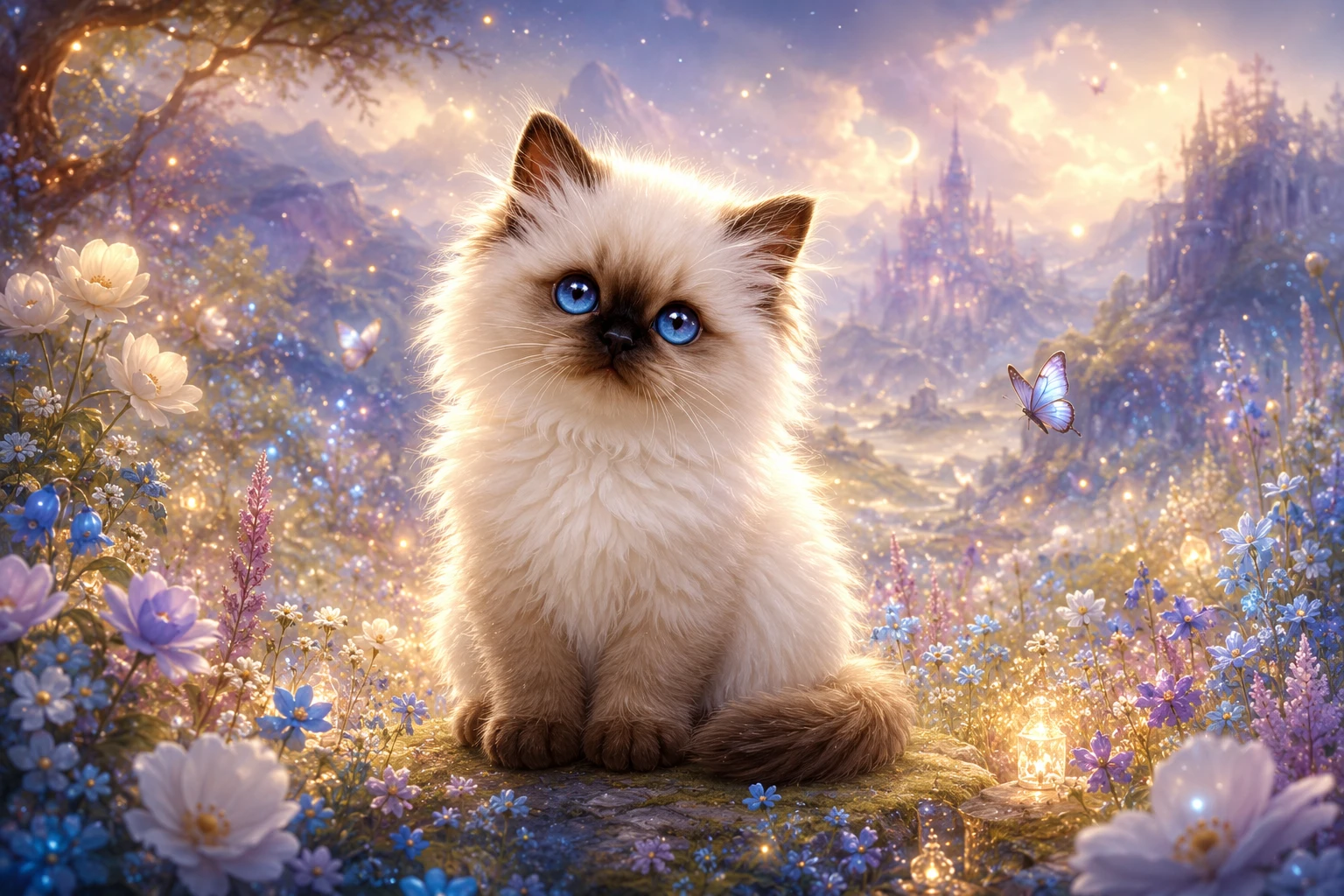 Magical baby Himalayan kitten resting in glowing meadow