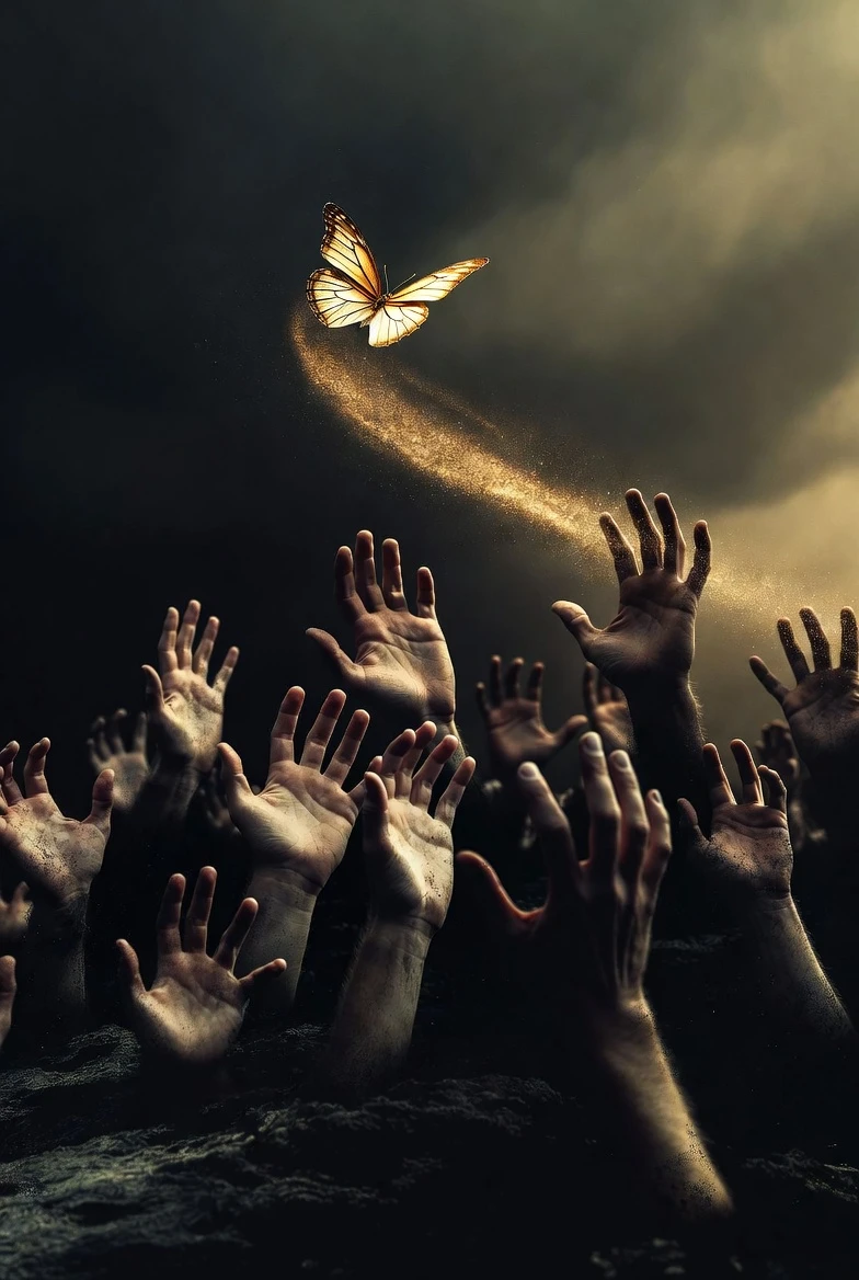 Reaching hands from a dark abyss toward a golden butterfly