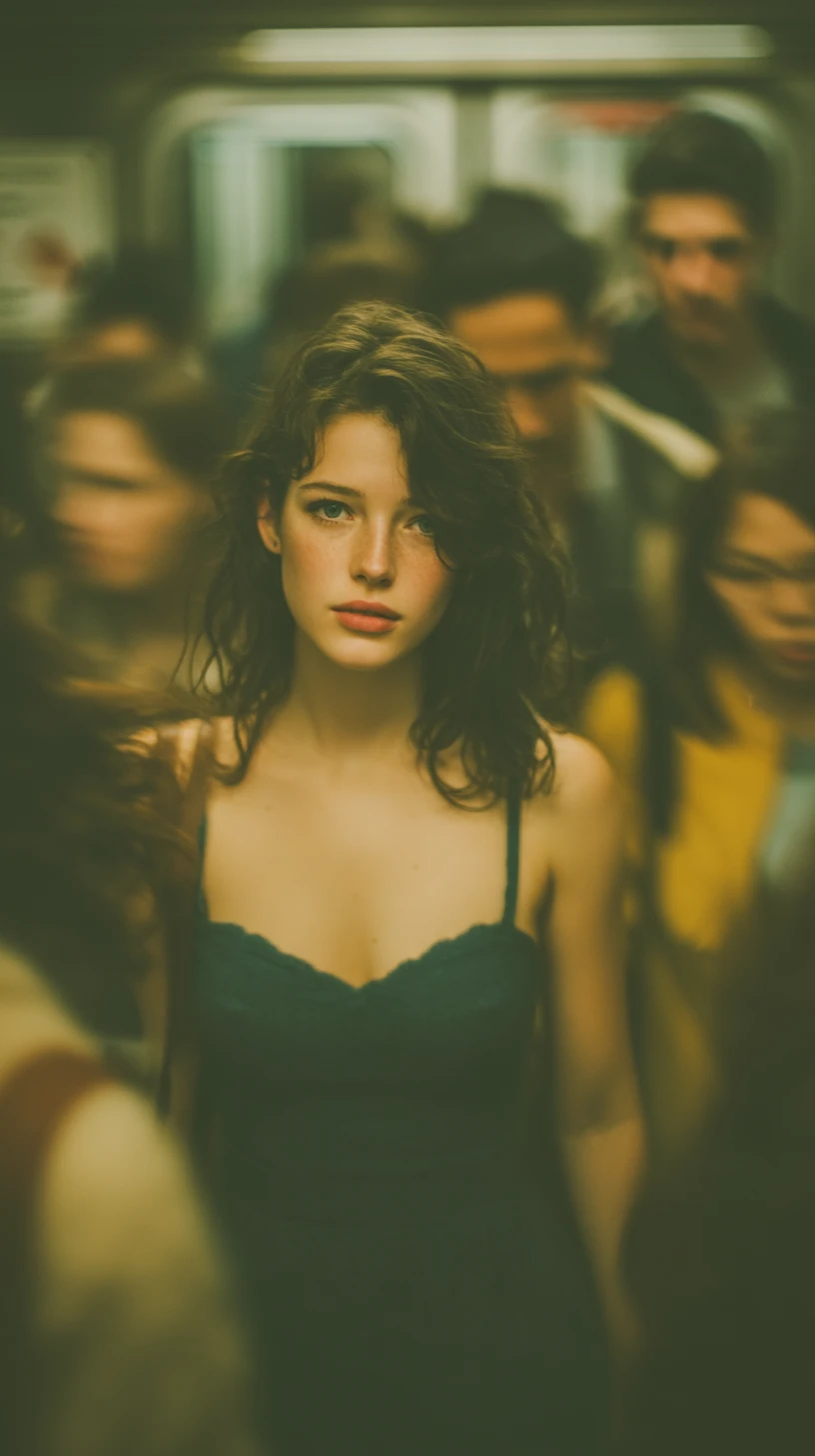 Young woman in teal dress in a blurred subway crowd