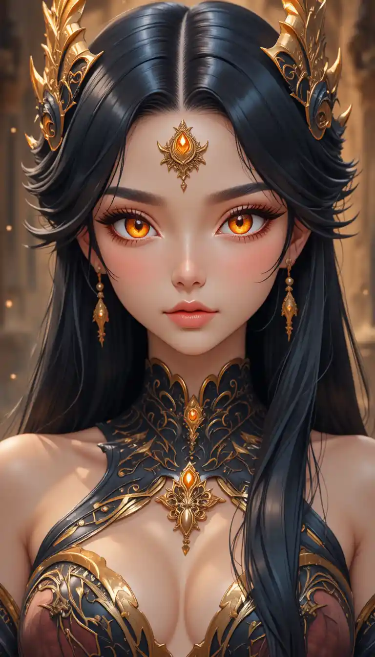 Anime dragon woman with golden skin and amber eyes