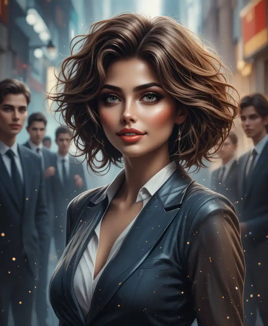 Smiling young woman in an office with crying businessmen