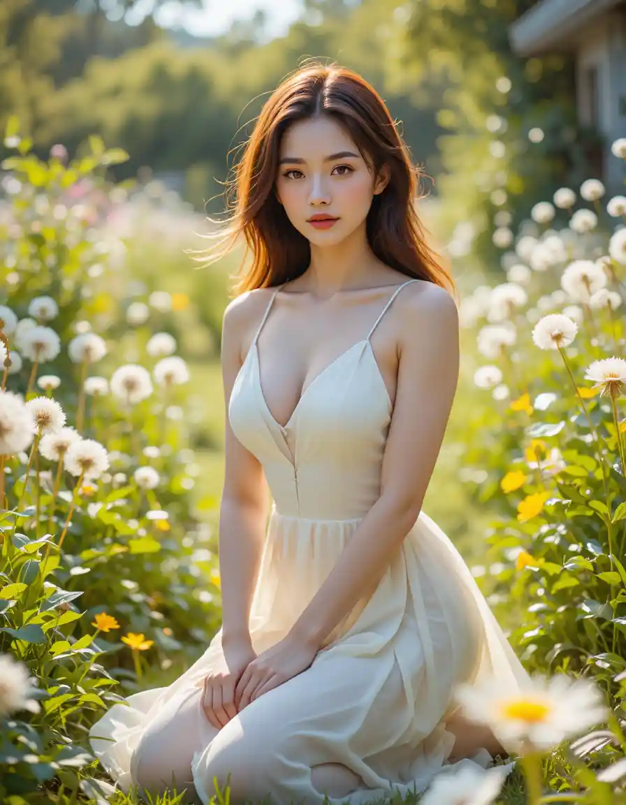 Kneeling college girl in white sundress in wild garden