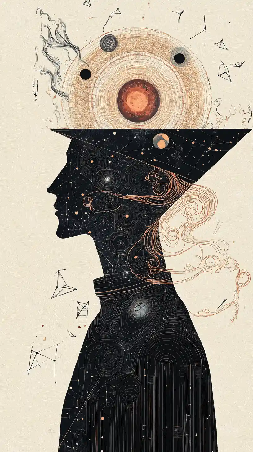 Surreal Oracle In Profile With Halo And Geometric Realities