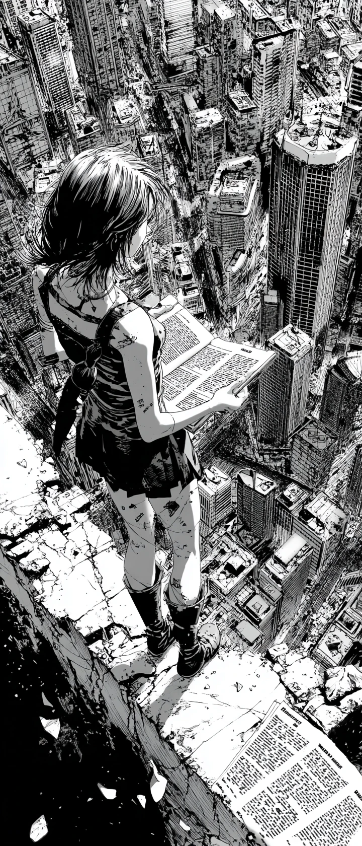 Anime girl on crumbling skyscraper holding glowing comic panel