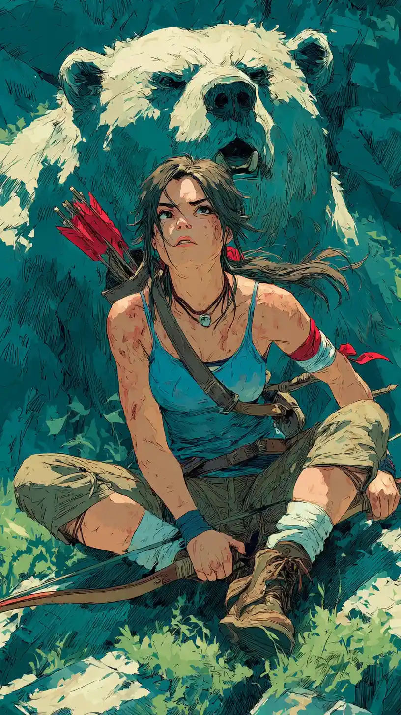 Warrior woman facing a bear in a dark forest