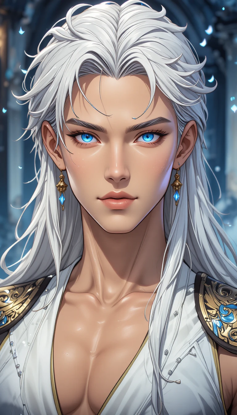 Elegant anime man with white hair and blue eyes