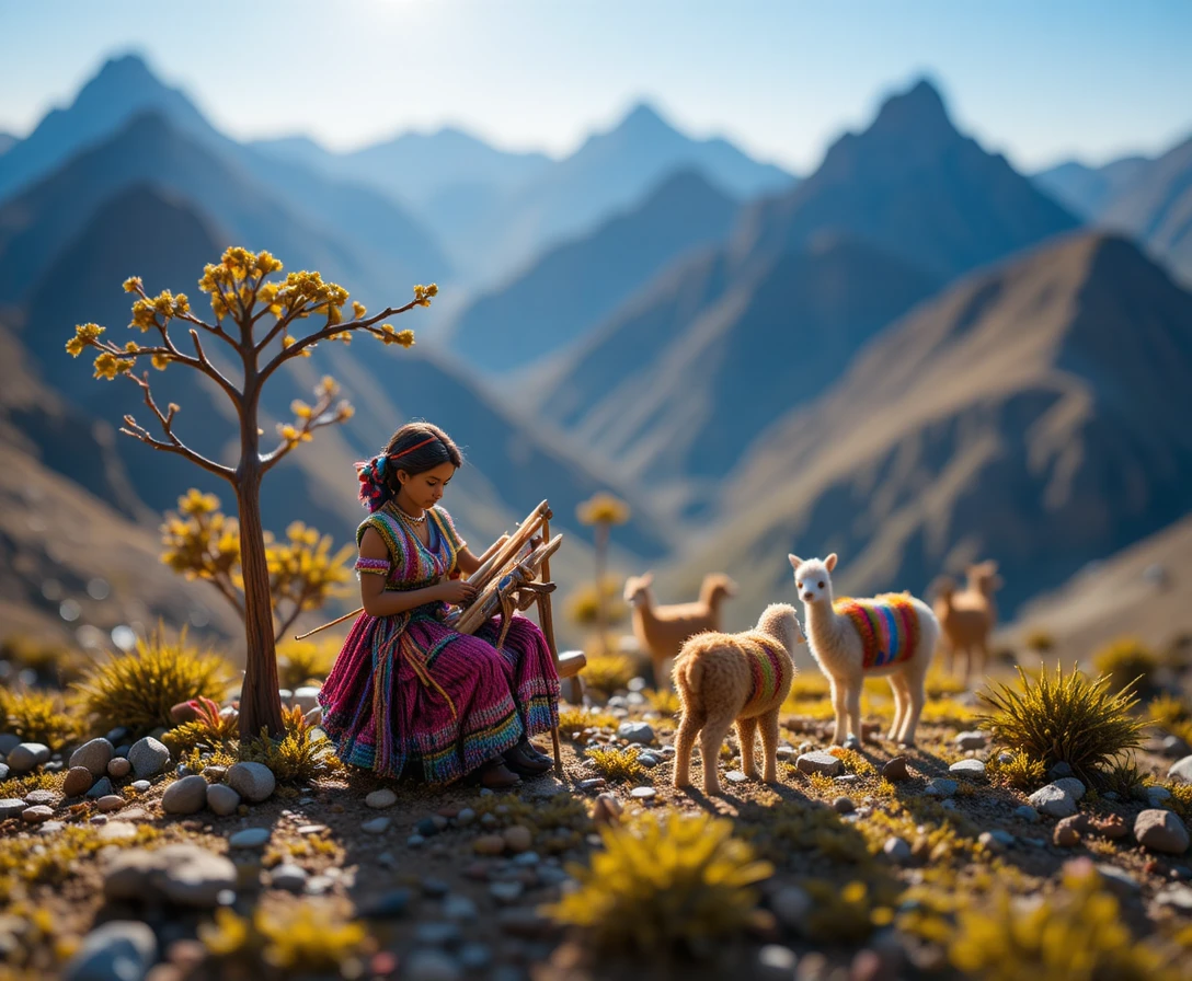 Tiny Andean weaver in a sunlit mountain village diorama