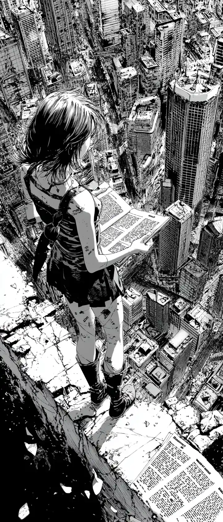 崩れゆく高層ビルの上で光るコミックパネルを掲げるアニメ少女