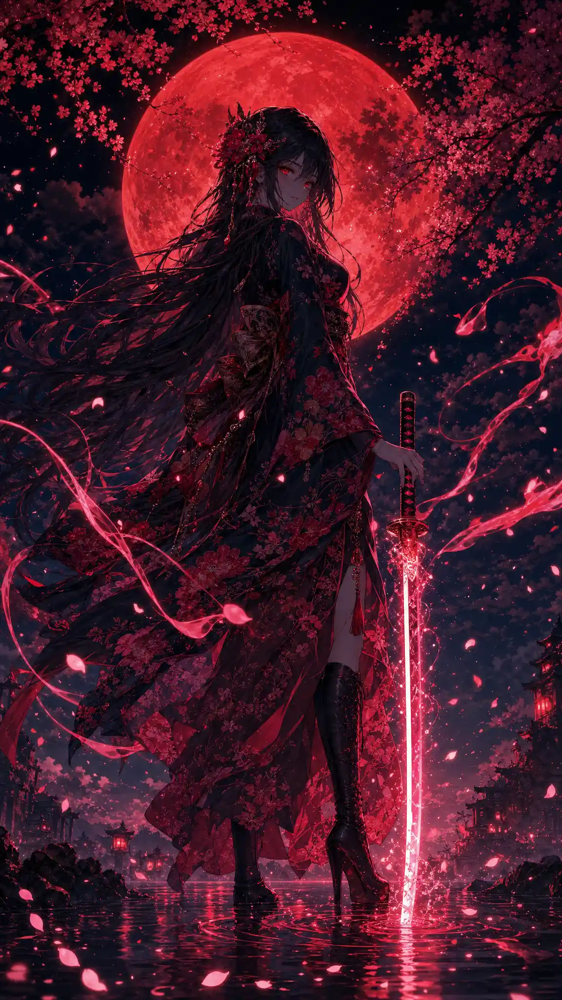 Samurai warrior girl under a blood red moon