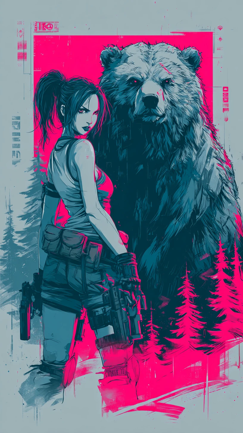 Avventuriera punk e orso grizzly in una radura di foresta nebbiosa